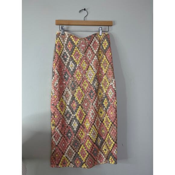 NEW Le Superbe Sundrop Sequined Lined Geometric Pattern Midi Skirt Pink Size: 2 - Picture 2 of 8